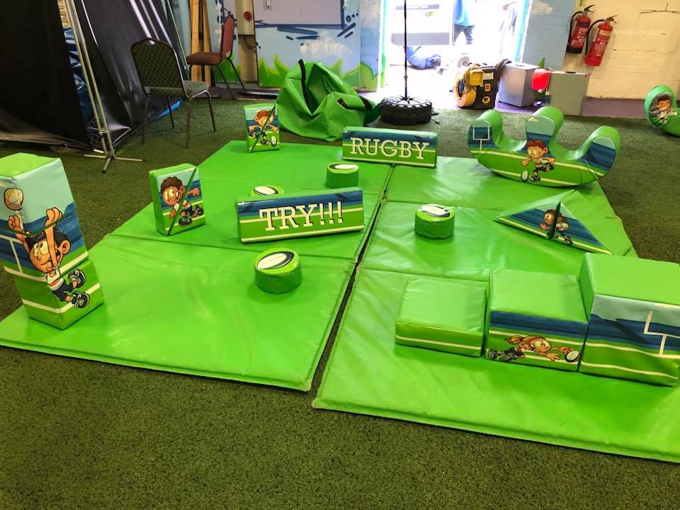 An image of SJ's Leisure's rugby soft play set up in the Tunza Centre, St Helens