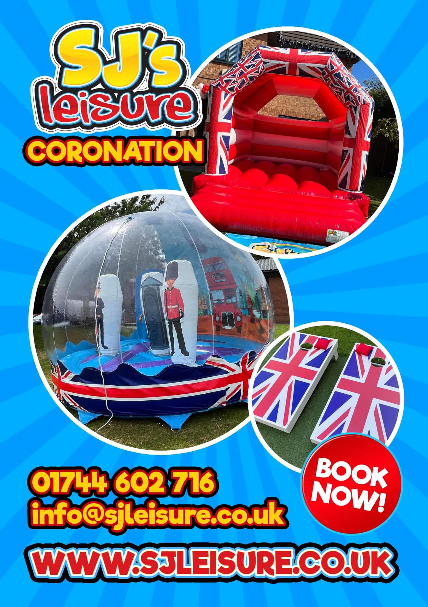 This image shows a SJ's Leisure leaflet advertising products suitable for Coronation celebrations including bouncy castles and games.