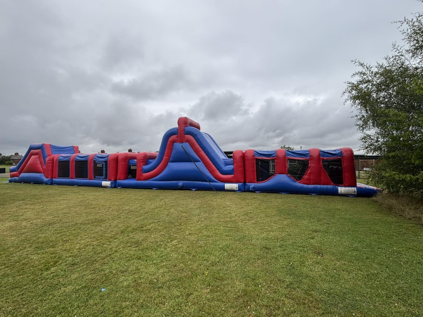 4 piece red and blue POWER obstacle course set up for summer fun day at a local Widnes primary school.