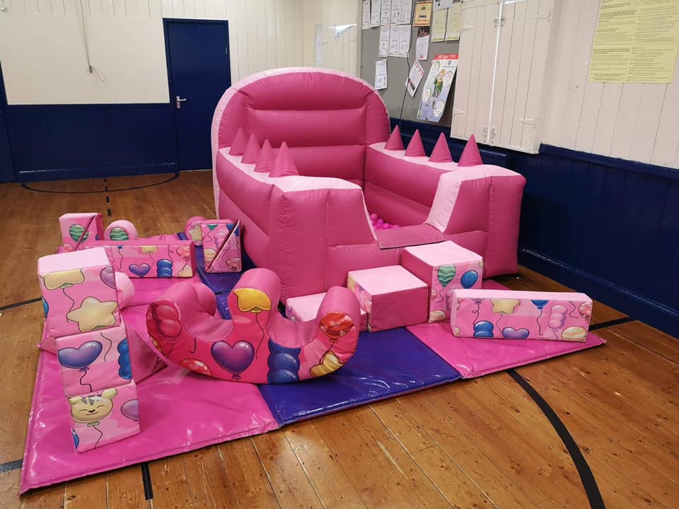 Pink celebration soft play set up in Runcorn for a birthday party