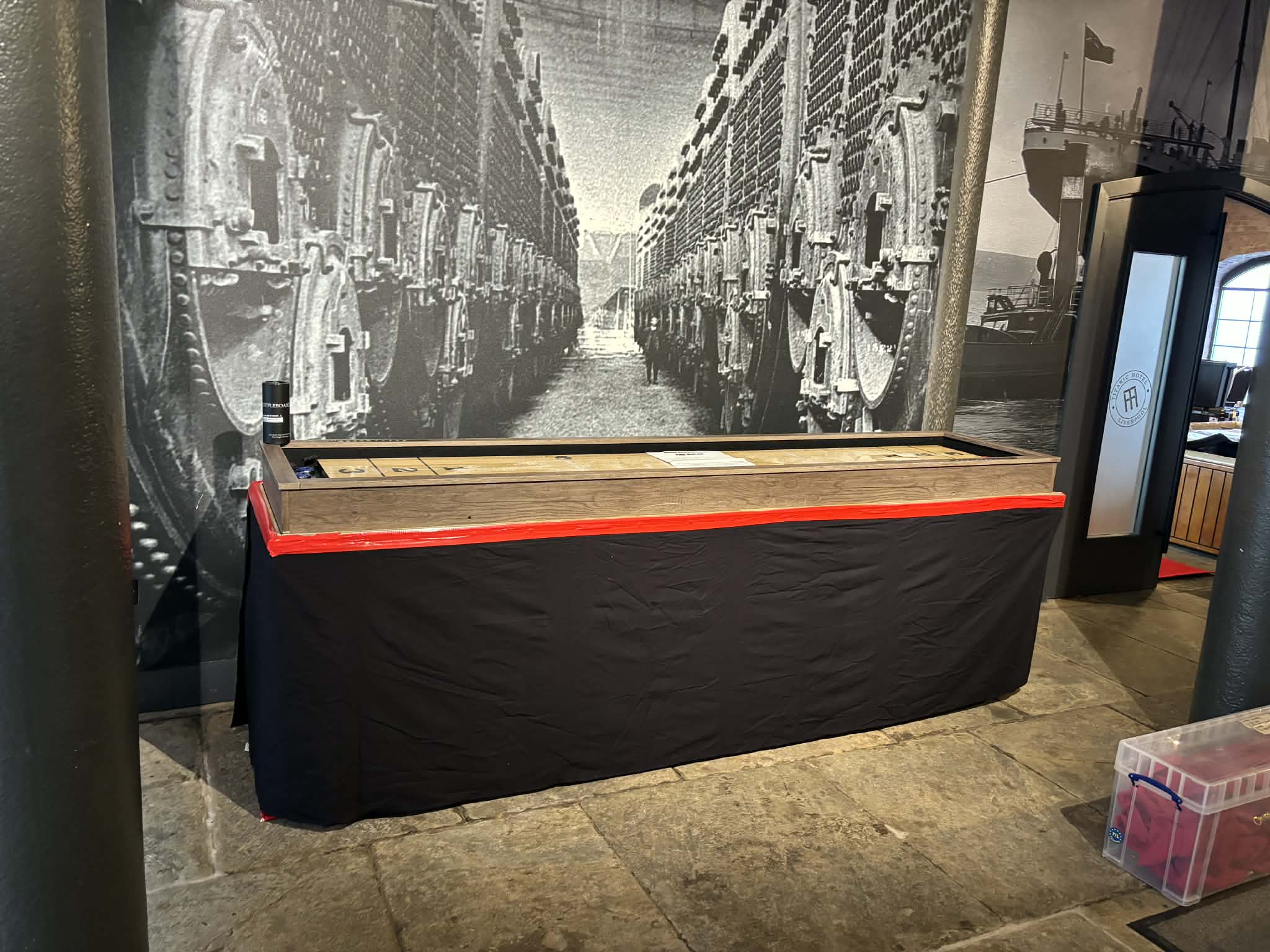 Shuffleboard set up for a Christmas party at the Titanic Hotel, Liverpool