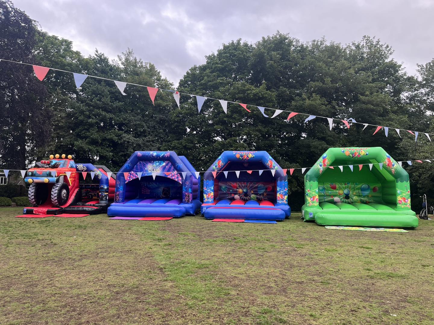 Bouncy castles set up a school in Rainhill, Merseyside