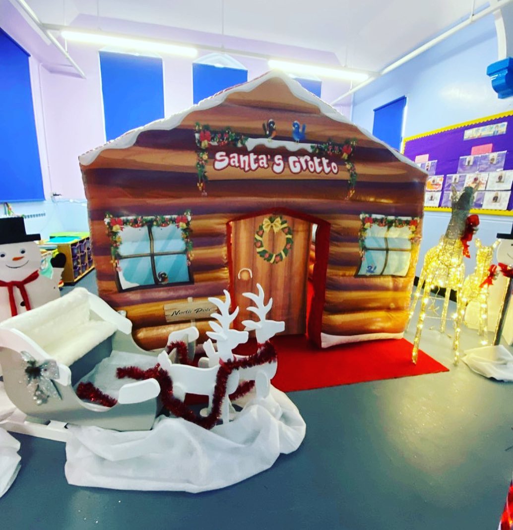 This image shows a Santa's grotto experience set up in Irlam, Greater Manchester