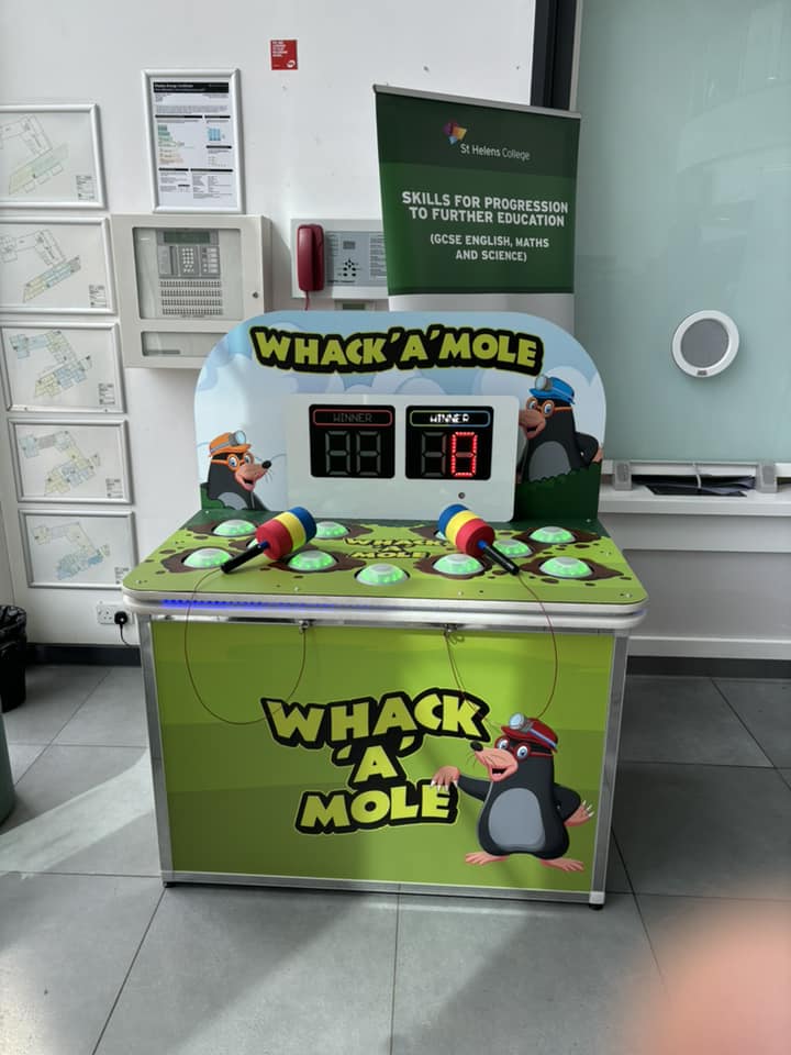 This image shows a digital whack a mole game set up at St Helens College This image shows a digital whack a mole game set up at St Helens College