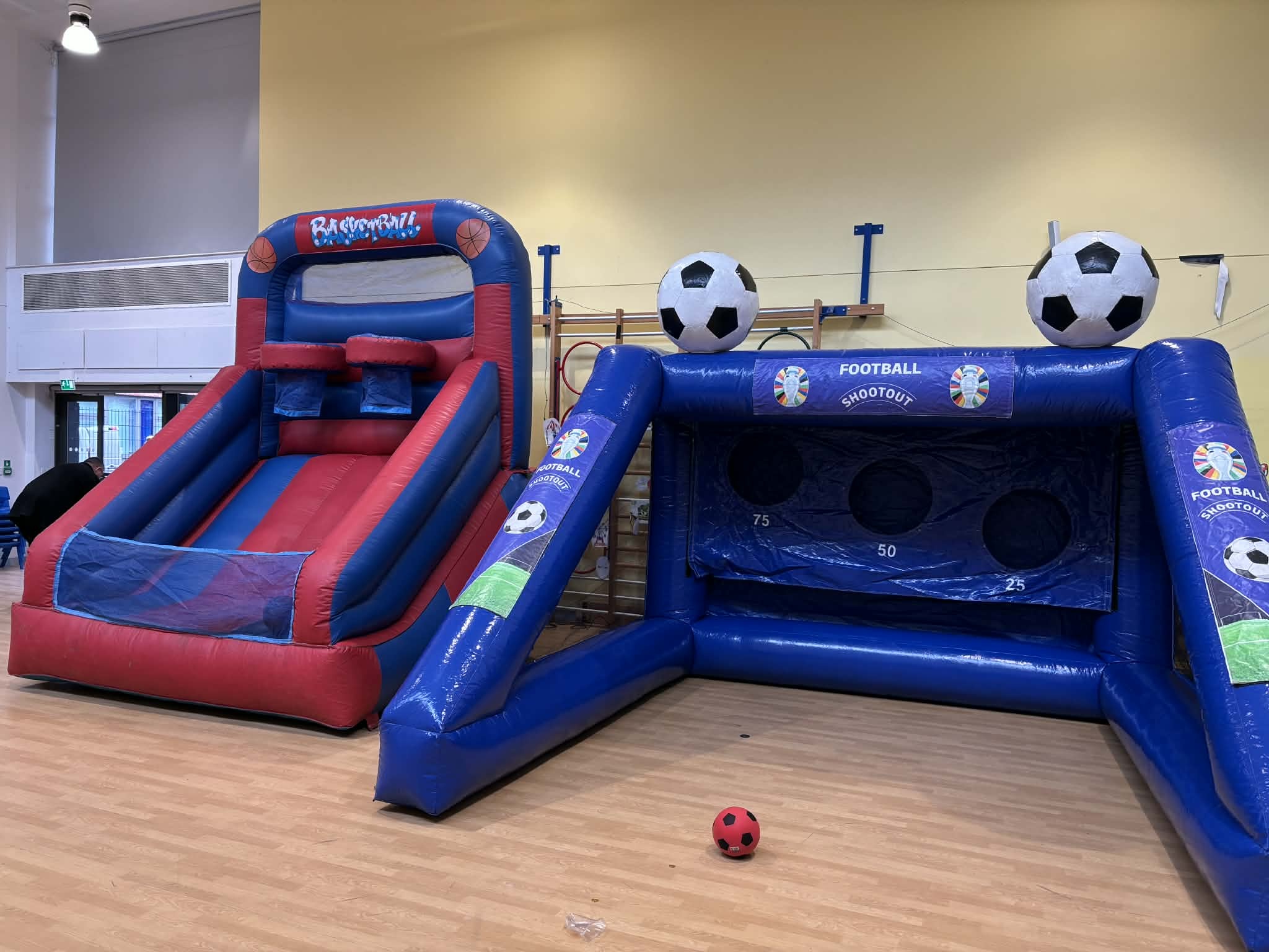 inflatable sports games set up at King David Primary School, Childwall, Liverpool for Purim celebrations.