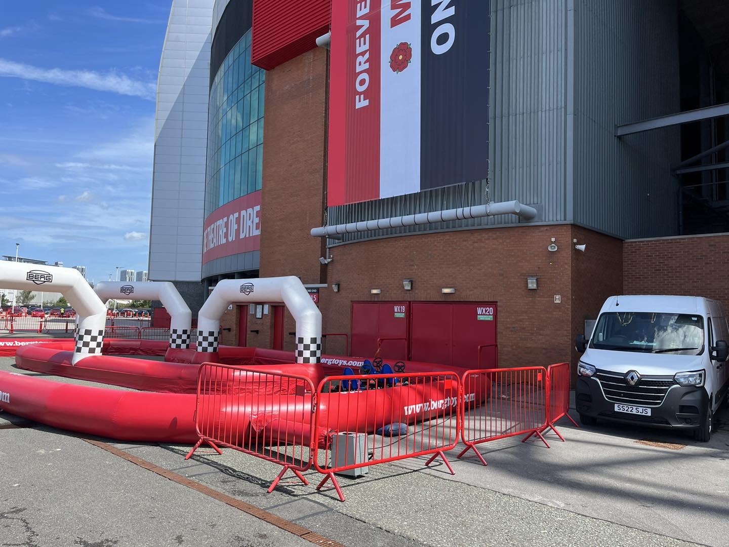 This image shows pedal go karts and track on hire at Old Trafford, Manchester