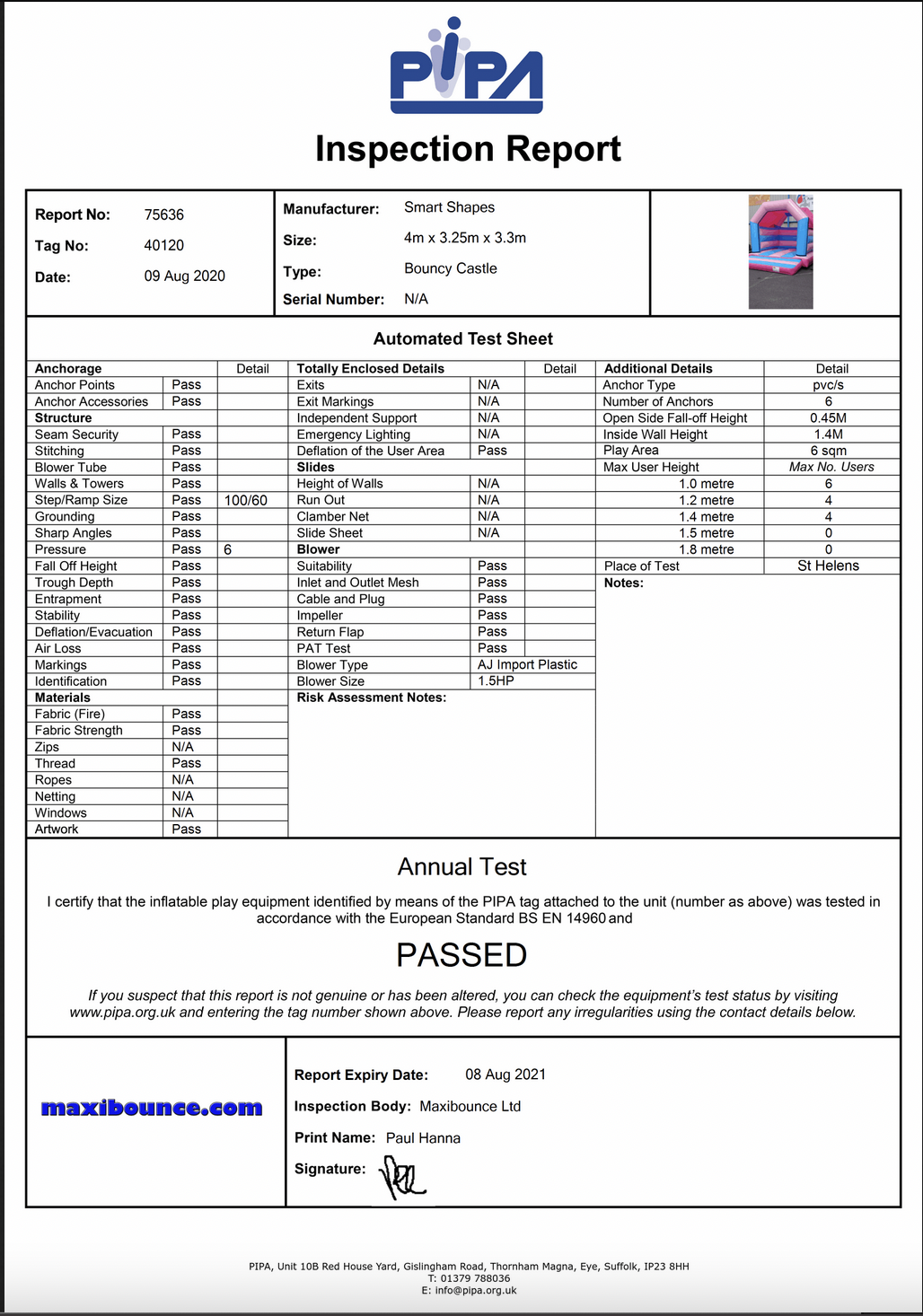 This image shows an example PIPA test certificate