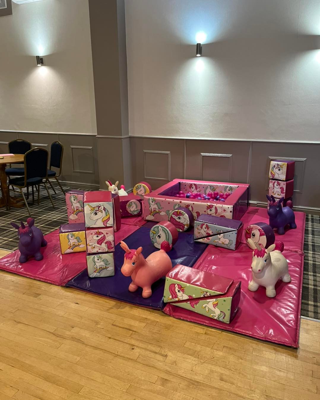 This image shows a unicorn soft play set up supplied by SJ's Leisure in St Helens