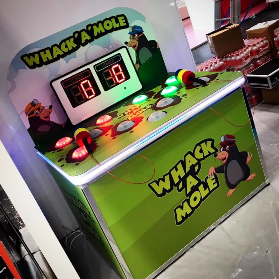 This image shows the table top whack a mole on hire at an exhibition in Liverpool